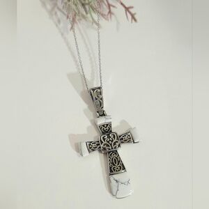 White Turquoise & Silver Ornate Scroll Cross Pendant Necklace Mark 316L S Steel